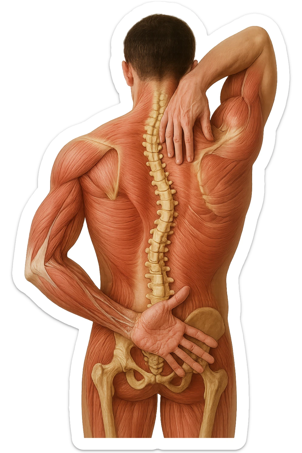 fai un immagine identica che riguarda un esercizio ma mettigli spina dorsale e muscoli in evidenza (anatomica). falla iperrealistica anatomica in 4k con spina dorsale storta in evidenza sticker