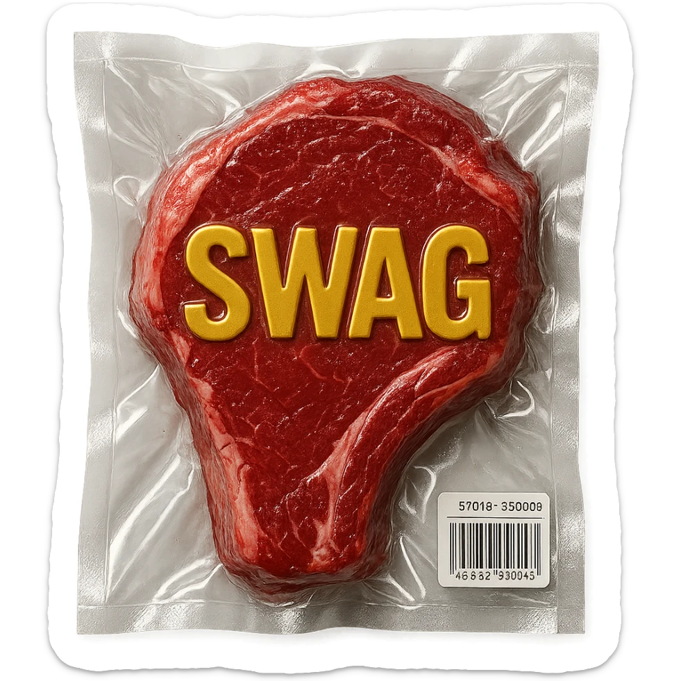 steak with gold lettering 'SWAG' on top, glossy and puffy vacuum-sealed style sticker