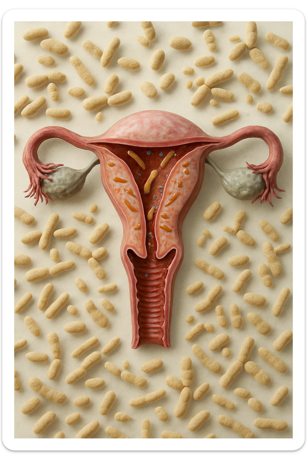 utero umano realistico con batteri della candida intorno, la foto si deve vedere per intero in formato verticale, sullo sfondo neutro chiaro ci sono batteri della candida, iperrealistico 4k sticker