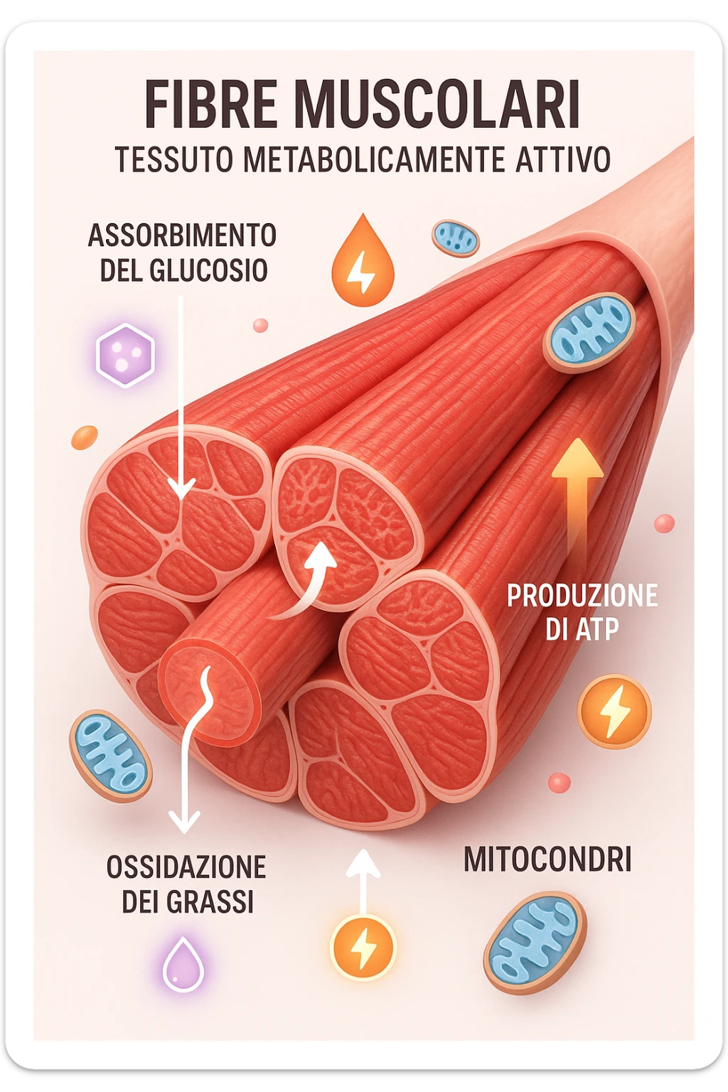 a highly detailed cross-section of human skeletal muscle fibers, shown in vibrant red and pink tones, with visible striations and realistic texture. Glowing arrows and animated icons represent active metabolic processes—such as glucose uptake, fat oxidation, and ATP production—occurring within the muscle tissue. Surrounding the muscle, floating symbols for mitochondria and energy highlight its metabolic activity. The background is clean and clinical, with subtle labels and infographics explaining that muscle is a metabolically active tissue. The overall style is modern, scientific, and visually engaging, suitable for educational or medical use. in italiano sticker