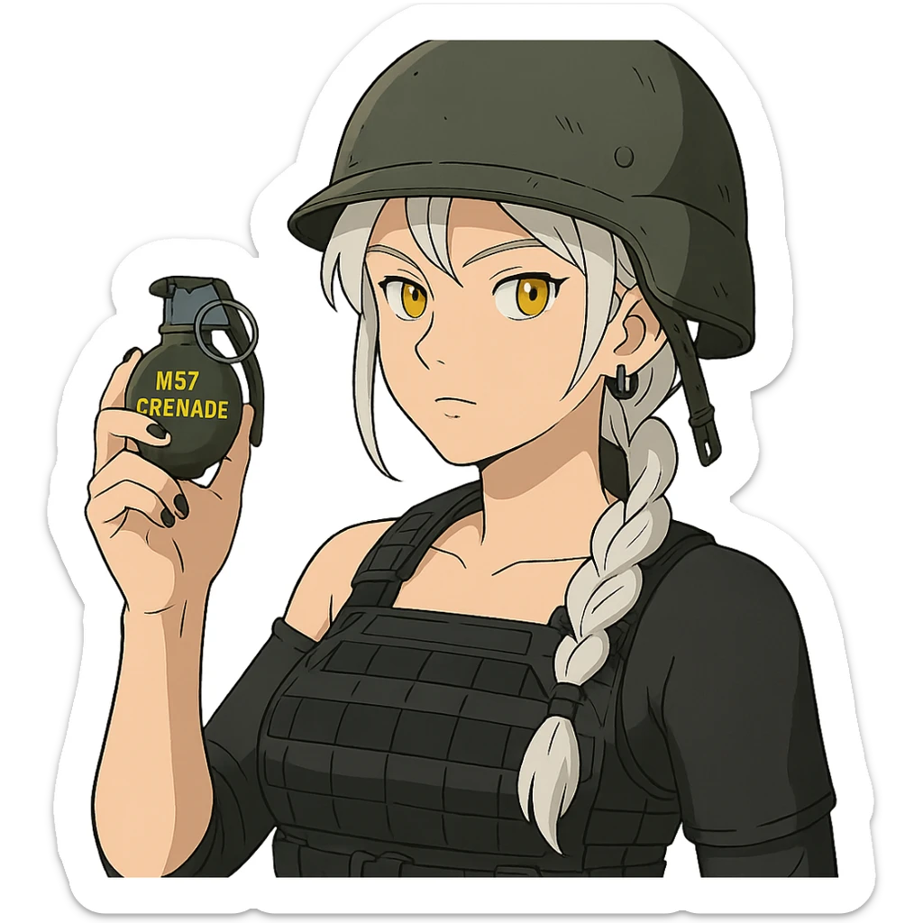  a closeup portrait of young woman with gold yellow eyes, white hair, long braid, black off-shoulder top d-cup, punk gothic style, futuristic cyberwave cyberpunk,  she has a plate carrier armor vest , and a old-style steel bulletproof combat helmet. holding up a m67 hand grenade  sticker