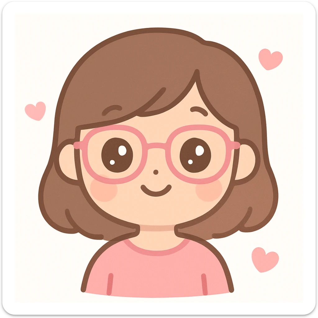 girl with medium brown hair and brown eyes, wearing pink glasses, cute cartoon style sticker