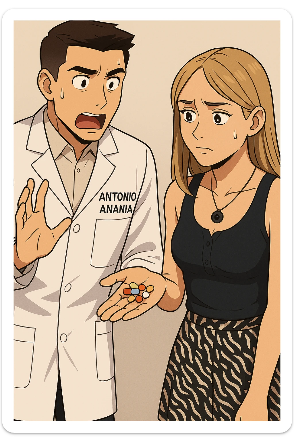 fai un webtoon/manga a colori con questo kinesiologo in camice bianco (fagli la scritta "ANTONIO ANANIA" SUL CAMICE) CHE PARLA CON QUESTA RAGAZZA. LA RAGAZZA HA UN PUGNO DI INTEGRATORI IN MANO (TANTE PILLOLE DIVERSE) E LE GUARDA DUBBIOSA. IL KINESIOLOGO CON IL CAMICE BIANCO LE DOMANDA UNA COSA SCIOCCATO. NON FARE I FUMETTI, FAI SOLO LORO COME SE DIALOGASSERO sticker