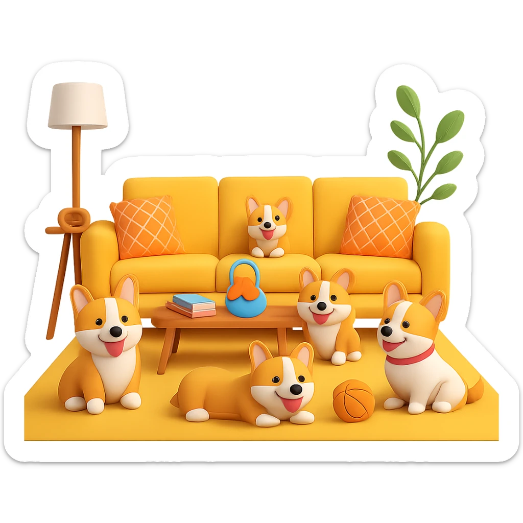 Change the dog family to a corgi breed, keep the cheerful living room scene, in the style of 3D emoji style, with no background. sticker