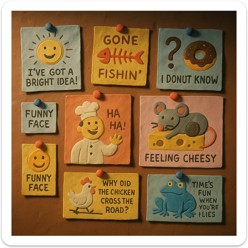 claymation style wall of jokes, a matte plasticine claymation style scene of a wall covered with various humorous illustrations and jokes sticker