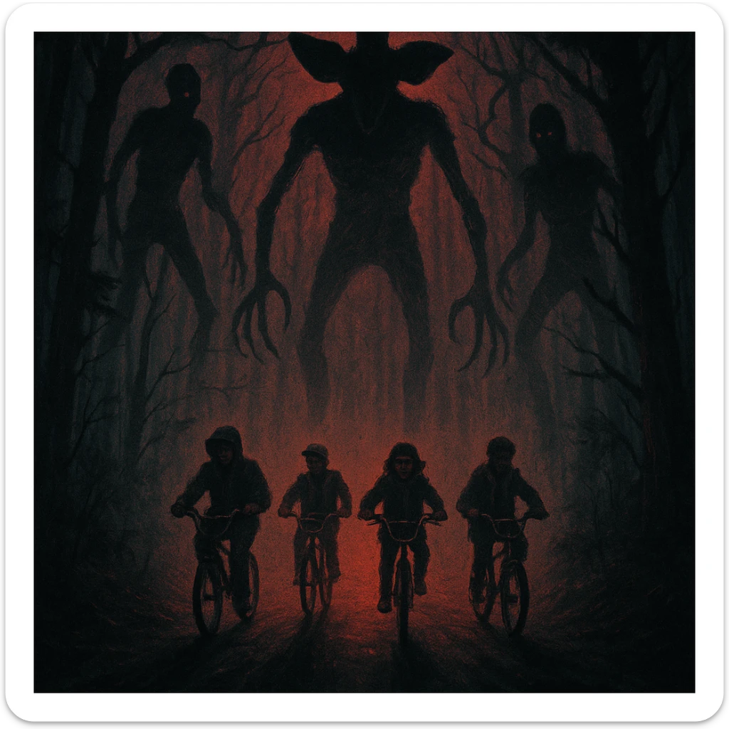 Stranger Things series horror poster style, the kids on bikes riding through a foggy forest with shadowy monsters lurking sticker