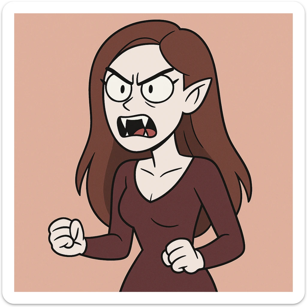 vampire woman with pale skin, brown long hair, angry expression, fangs visible, stylized cartoon style sticker