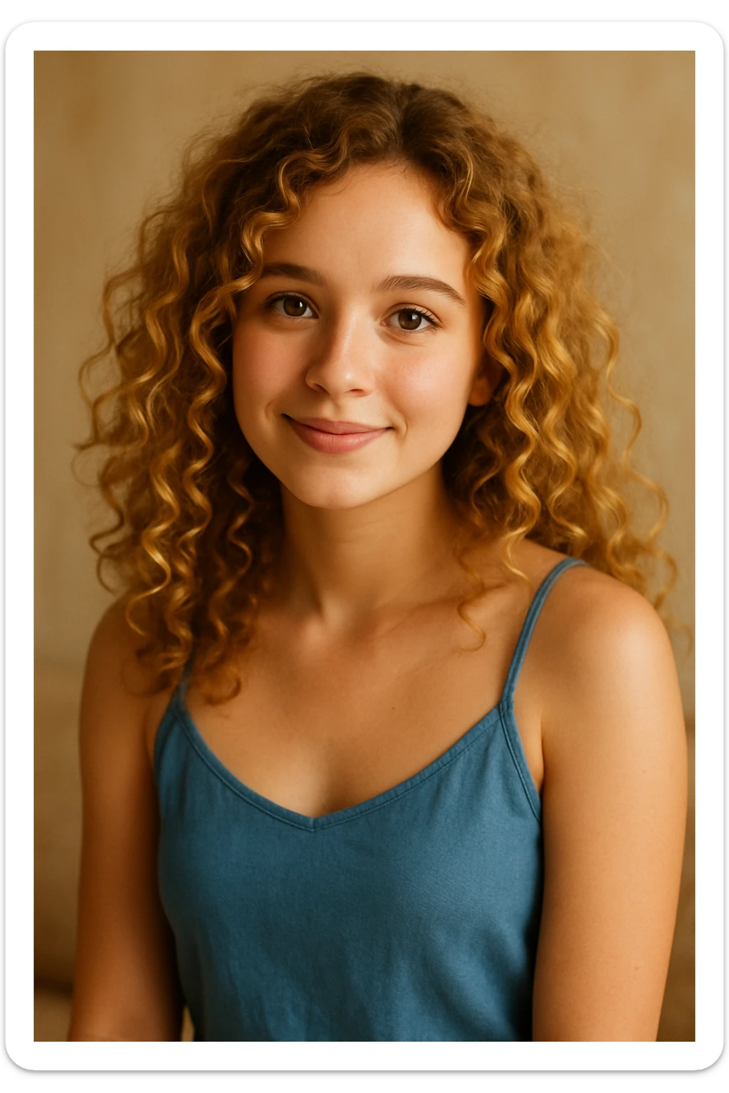 A girl with curly golden hair, brown eyes, blue camisole dress, cute and approachable sticker
