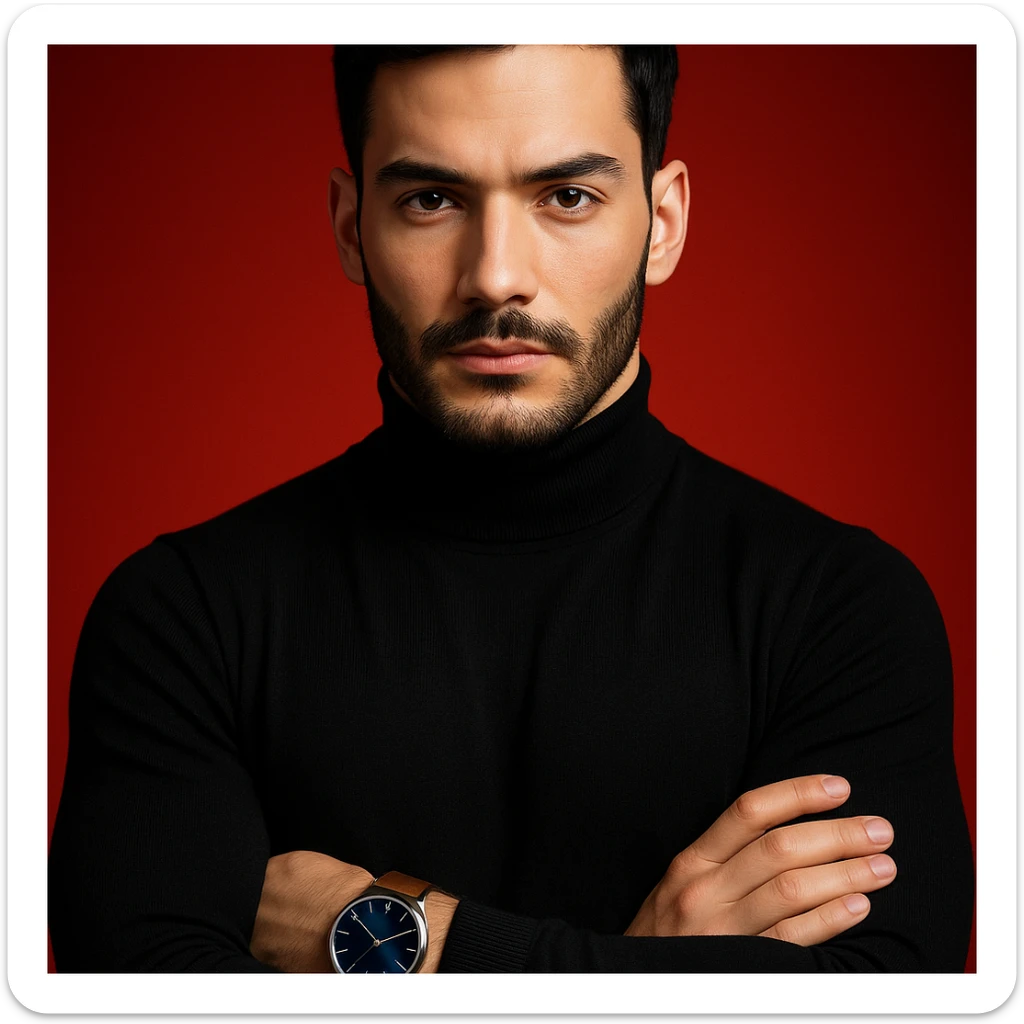 Create an ultra-realistic, high-detail, 4K editorial portrait of the person in the reference image. Emphasize sharp features, flawless fair skin, sleek black hair, and a black turtleneck. The person has arms crossed and wears a wristwatch with a blue dial and brown strap. The background is a bold red gradient with dramatic cinematic lighting. The composition is symmetrical and minimal. sticker