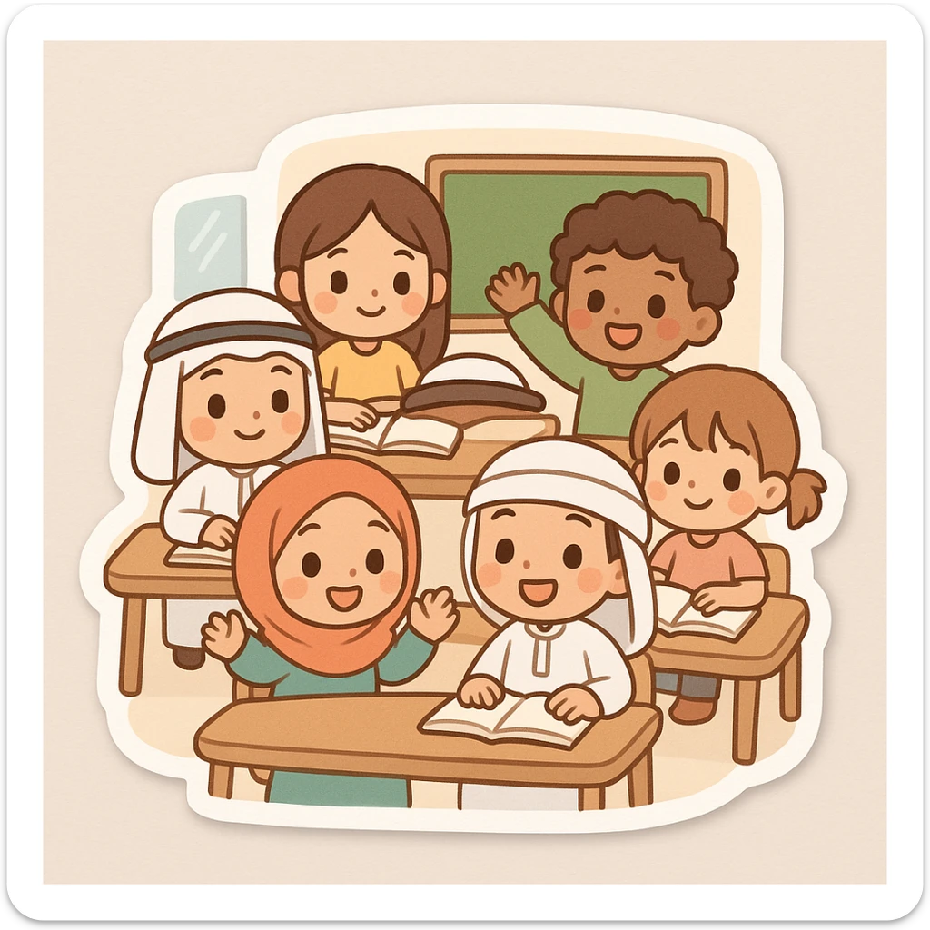 group of cute cartoon boys and girls in a classroom, some wearing traditional Arab head coverings, chibi style, friendly and diverse, simple background sticker