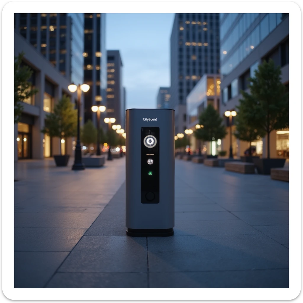 realistic scene with the CityScent air freshener machine installed in a city plaza at dusk, surrounded by softly glowing streetlights, modern buildings in the background, no people, focus on the machine sticker