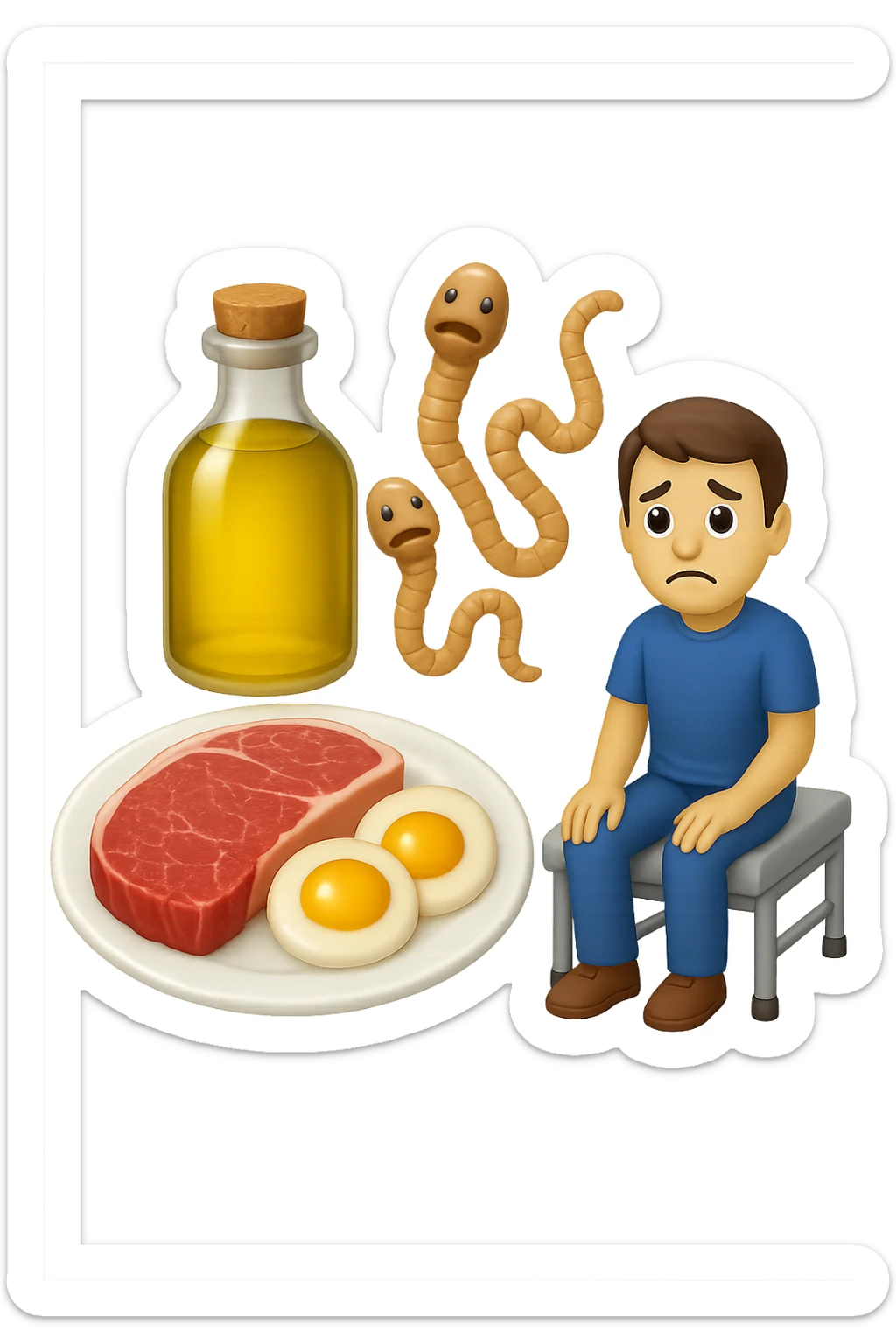 emoji stile iphone di UN PIATTO CON CARNE ROSSA E UOVA, UNA BOTTIGLIA DI OLIO DI SEMI, DUE PARASSITI TIPO LA TENIA, UOMO SEDUTO SU UN LETTINO DA FISIOTERAPISTA, IPERREALISTICO 4K sticker