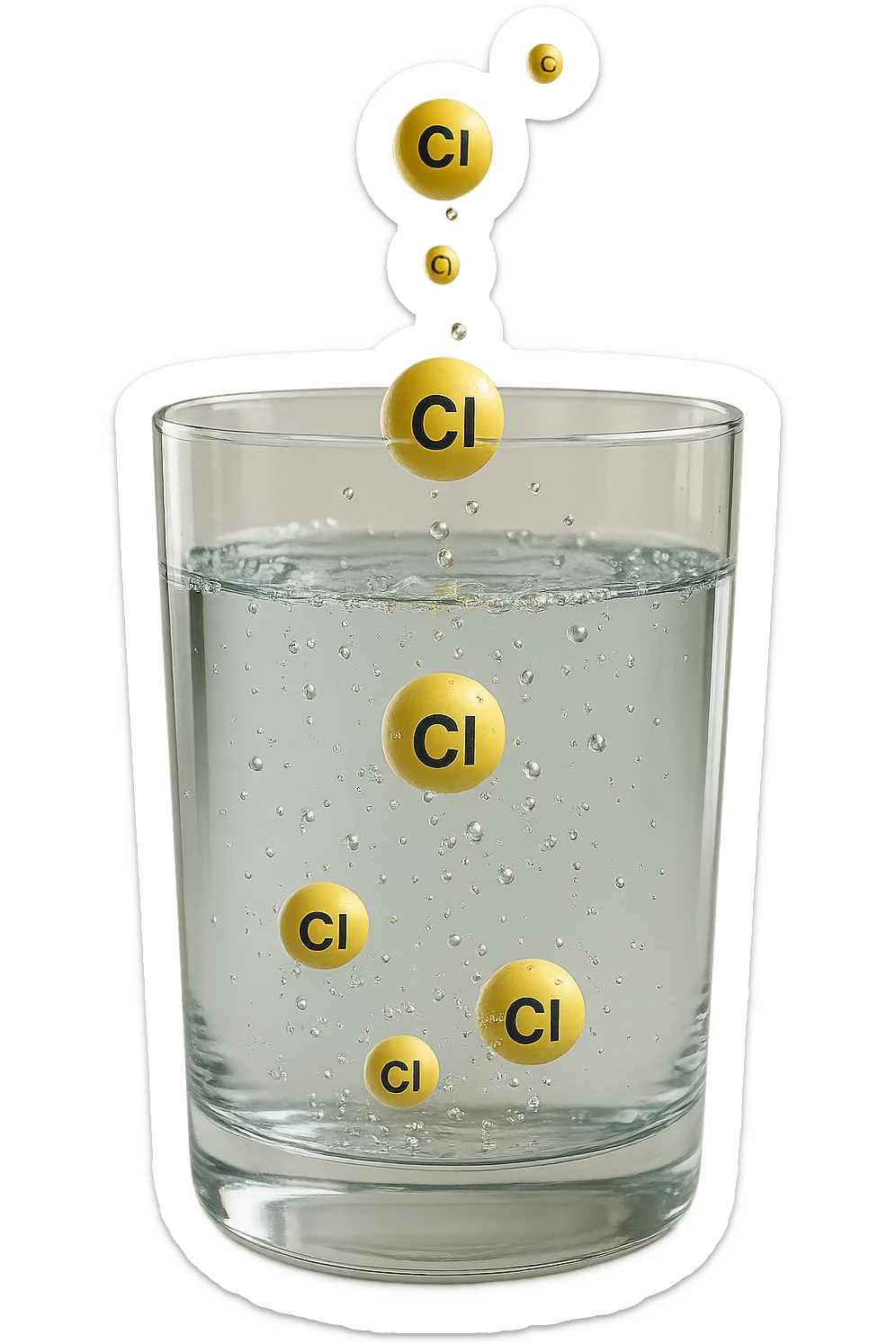 un bicchiere di acqua fluttua in aria realistico e dettagliato, dentro l'acqua del bicchiere ci sono particelle di cloro ben visibili con la scritta "Cl" sopra, ci sono particelle anche che escono dal bicchiere e fluttuano in aria verticalmente, mentre alcune sono all'interno dell'acqua nel bicchiere, iperrealistico 4k sticker