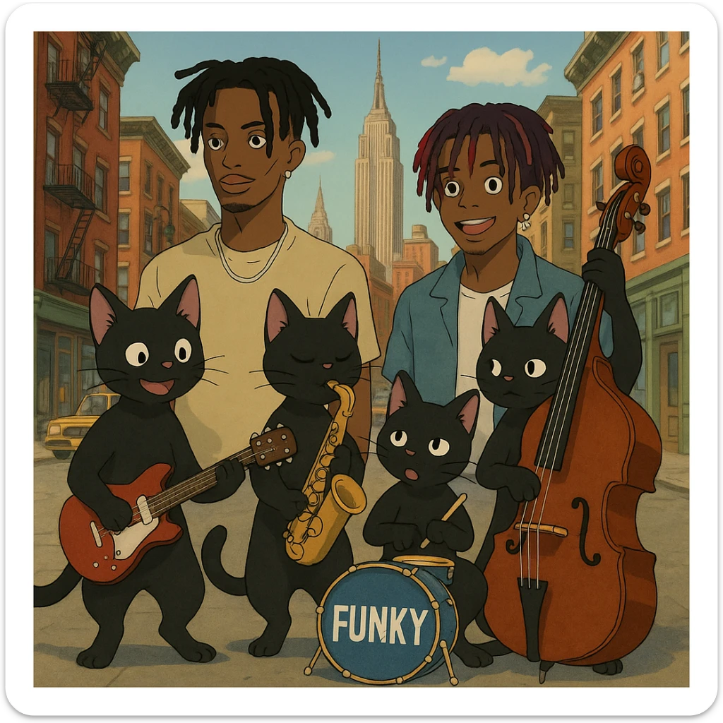 ghibli style gang of black cats performing funky music in New York with Playboi Carti and Lil Uzi Vert in the background sticker