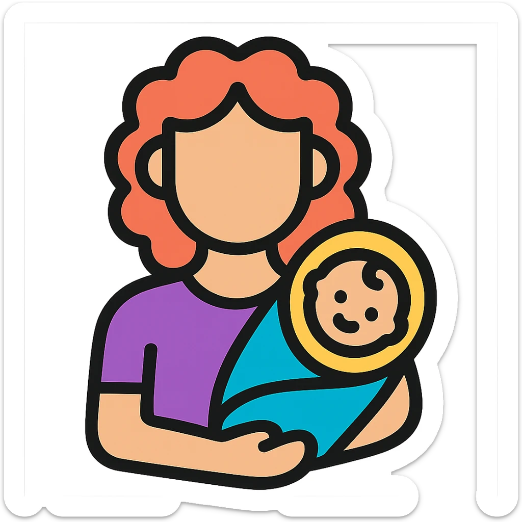Woman with curly red hair holding a baby, wearing purple clothing, color outline style, no background. sticker