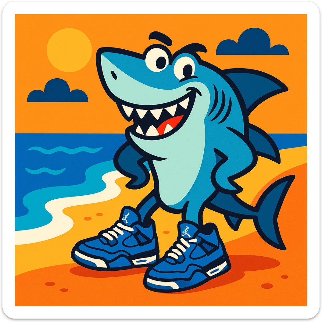 fun and lively cartoon style shark near the coast of a beach, wearing four blue Jordan tennis shoes sticker