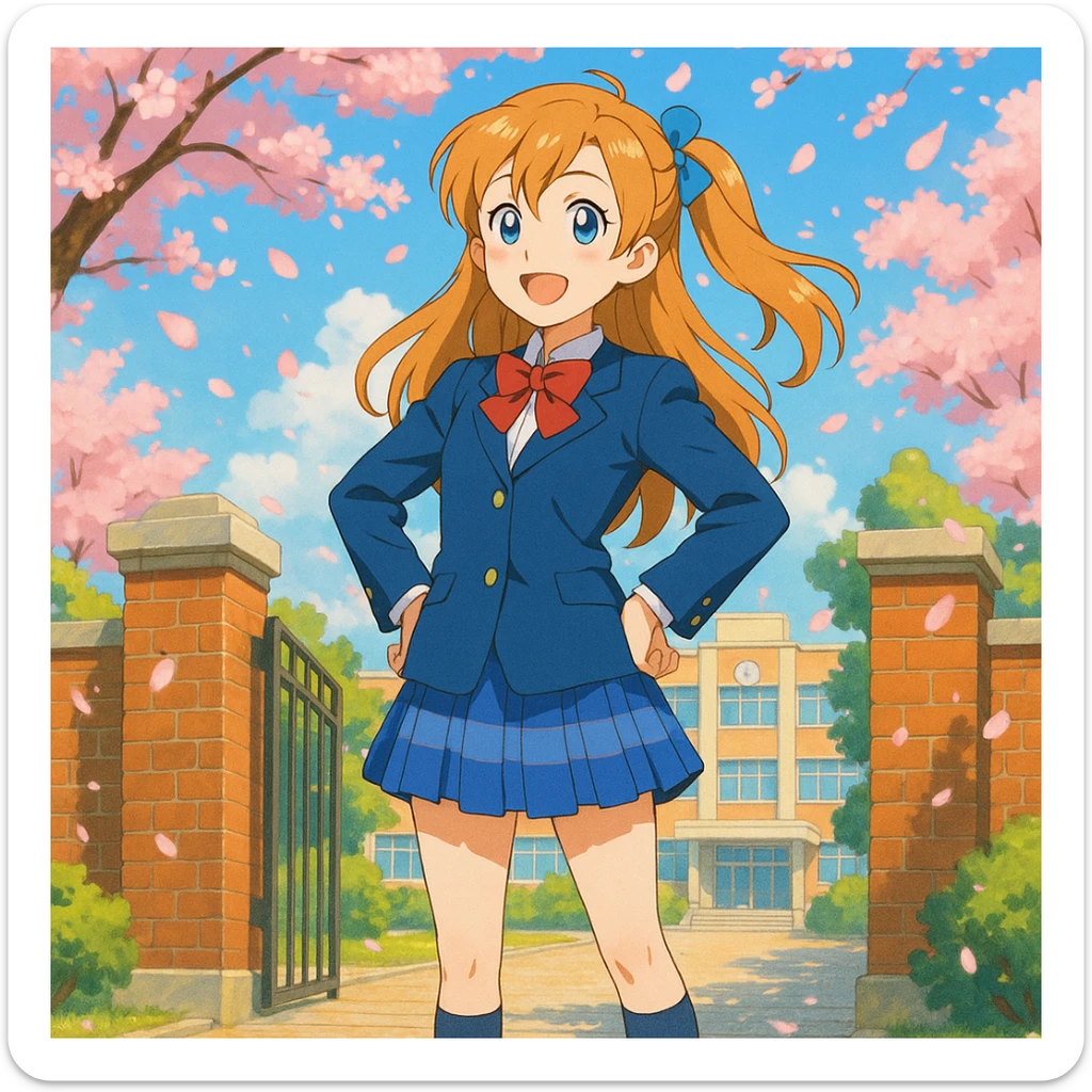 bright and cheerful anime schoolgirl standing confidently in front of her school gate during spring, cherry blossoms fluttering around, long light orange hair in a side ponytail with a blue ribbon, expressive blue eyes, warm smile, classic Japanese high school uniform with navy blue blazer, white blouse, red ribbon bow, blue checkered skirt, knee-high navy socks, brown loafers, vibrant 2D anime style inspired by Love Live!, lively background with high attention to color and lighting sticker