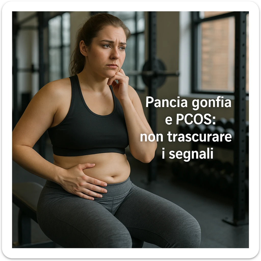 woman in sportswear sitting on a gym bench, hand on bloated belly, thoughtful expression, Italian text: 'Pancia gonfia e PCOS: non trascurare i segnali', 4K quality sticker