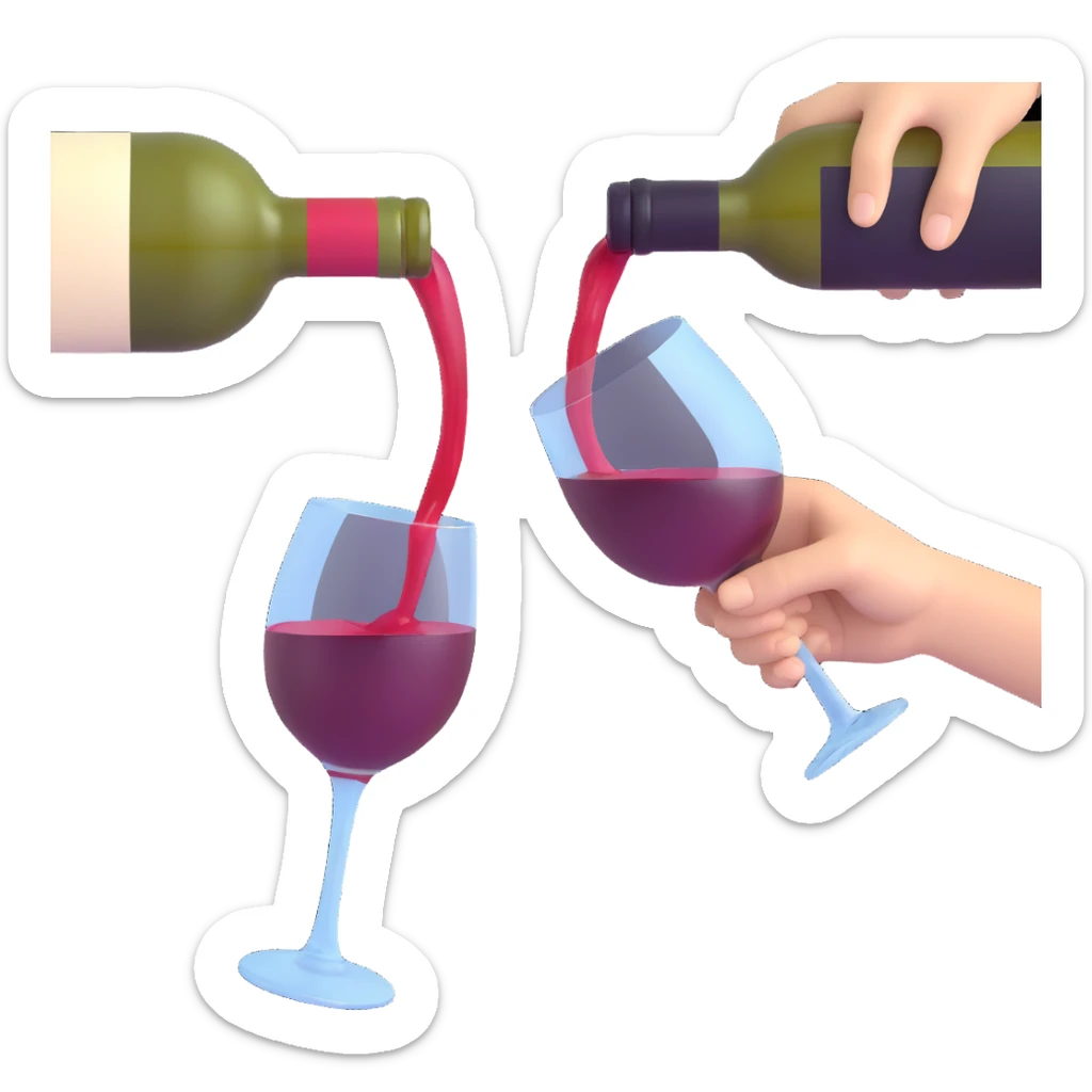 3D emoji style scene of a hand holding a wine bottle pouring wine into a wine glass, transparent background sticker