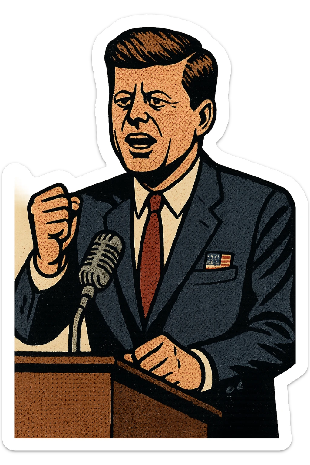 President Kennedy wearing a suit with a US flag badge making a speech standing behind a lectern with a 1960s microphone sticker