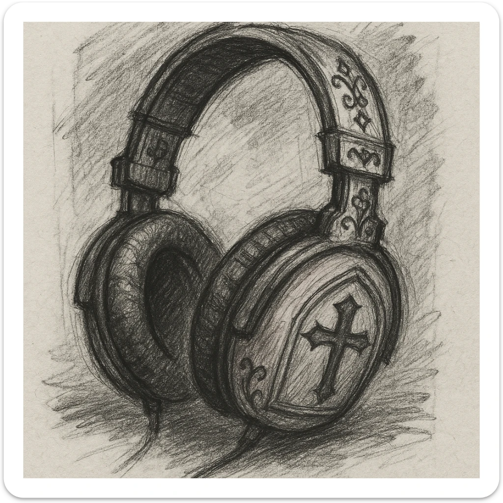 pink gothic headphones with hand-drawn gothic details sticker
