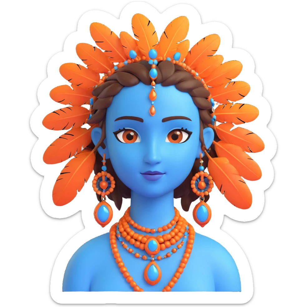 blue avatar emoji with detailed facial markings, feathers in hair, jewelry, and expressive eyes, inspired by the provided reference image sticker
