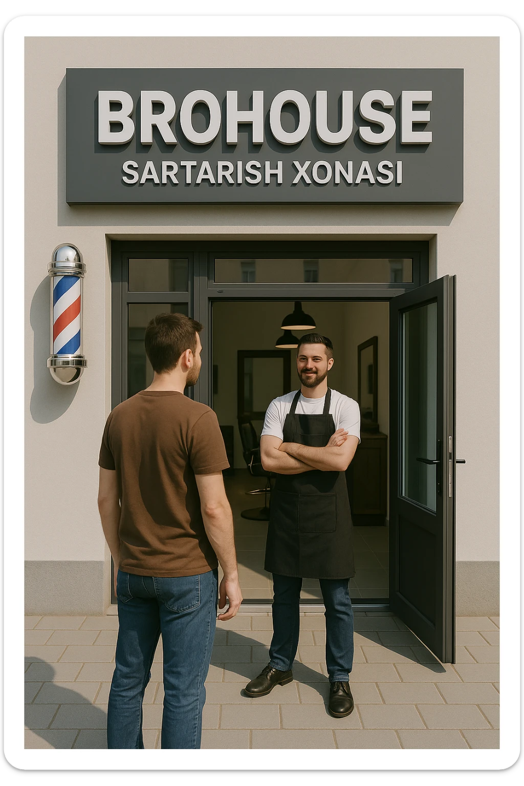 eni shu rasimga boyagi sartaosh oka eshik oldida tursin va tashqarida esa mijoz sticker