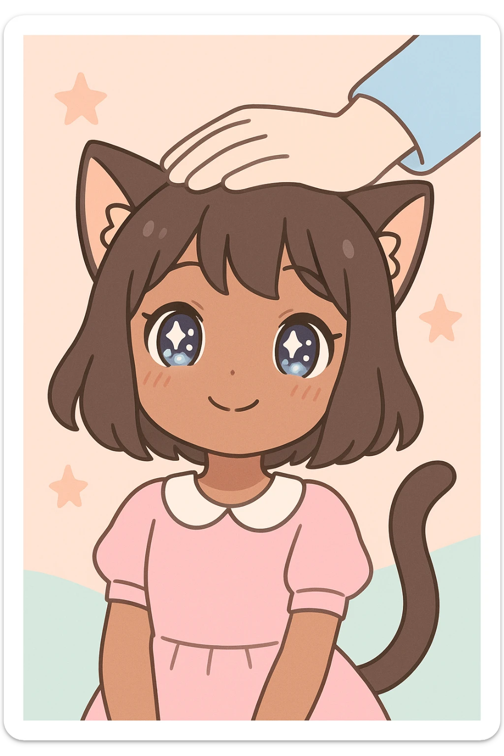 anime style cat girl, brown skin, happy and relaxed while being patted on the head, cute and gentle atmosphere sticker