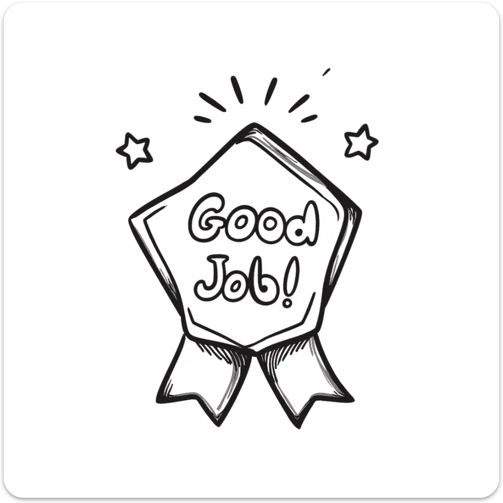 Award certificate with ribbon, "Good Job!" text, and shining stars in the corners sticker