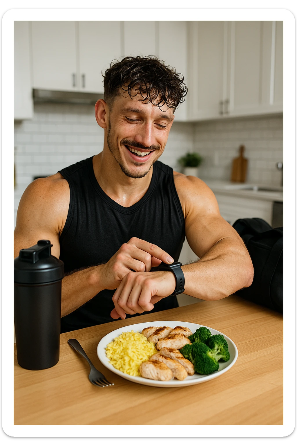 a fit man in his 30s, still in gym clothes and slightly sweaty, sits at a kitchen table right after a workout. In front of him is a balanced meal with a generous portion of rice, pasta, or potatoes, along with lean protein and vegetables. He checks his watch or a fitness app, smiling with satisfaction as he times his post-workout meal. The background is a bright, modern kitchen, with a shaker bottle and gym bag visible. in italiano sticker