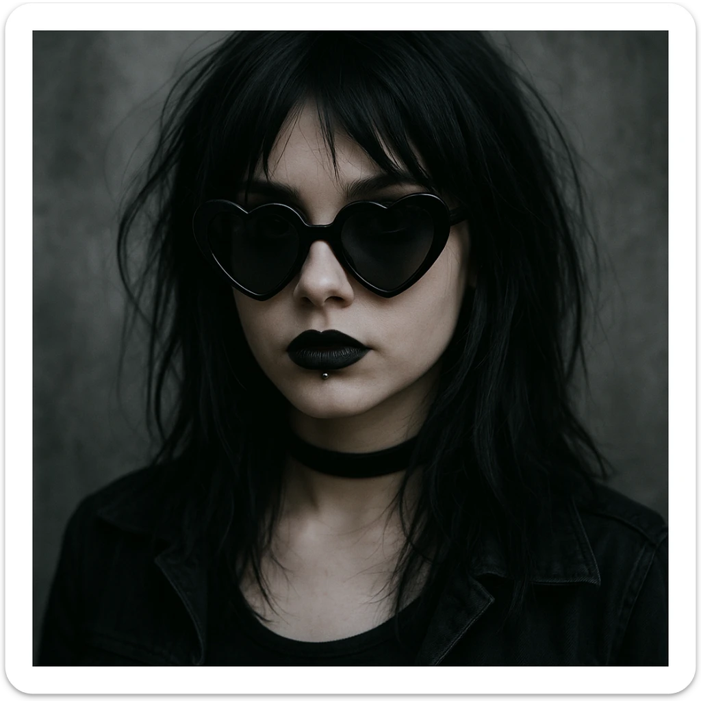 emo girl with heart-shaped sunglasses, dark hair, mysterious vibe sticker