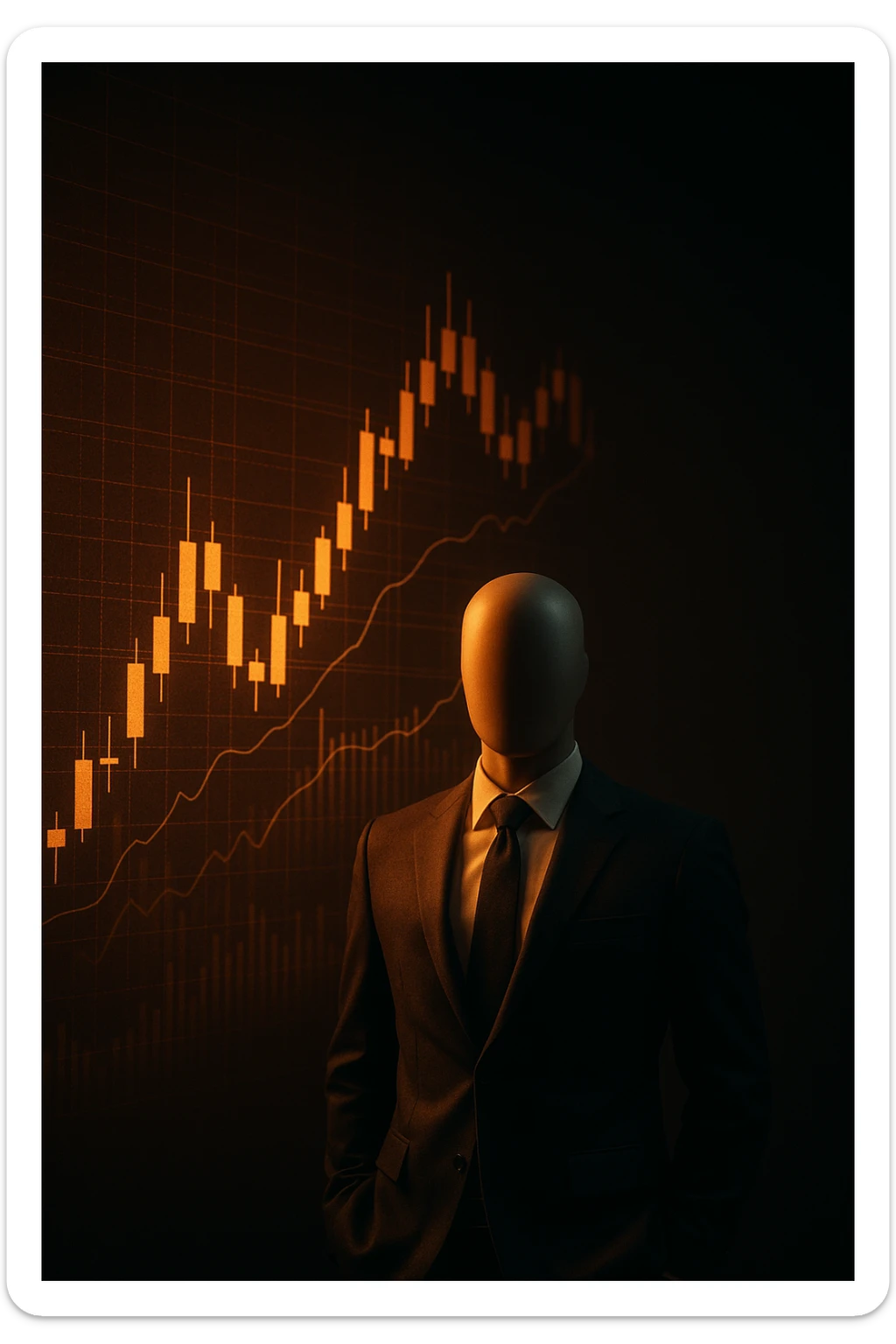 Cinematic 3D render of a faceless mannequin in a suit, standing in front of a giant glowing stock market graph (candlesticks, charts). Large empty wall space on the right for text overlay. Dramatic lighting, deep contrast, epic finance atmosphere. sticker