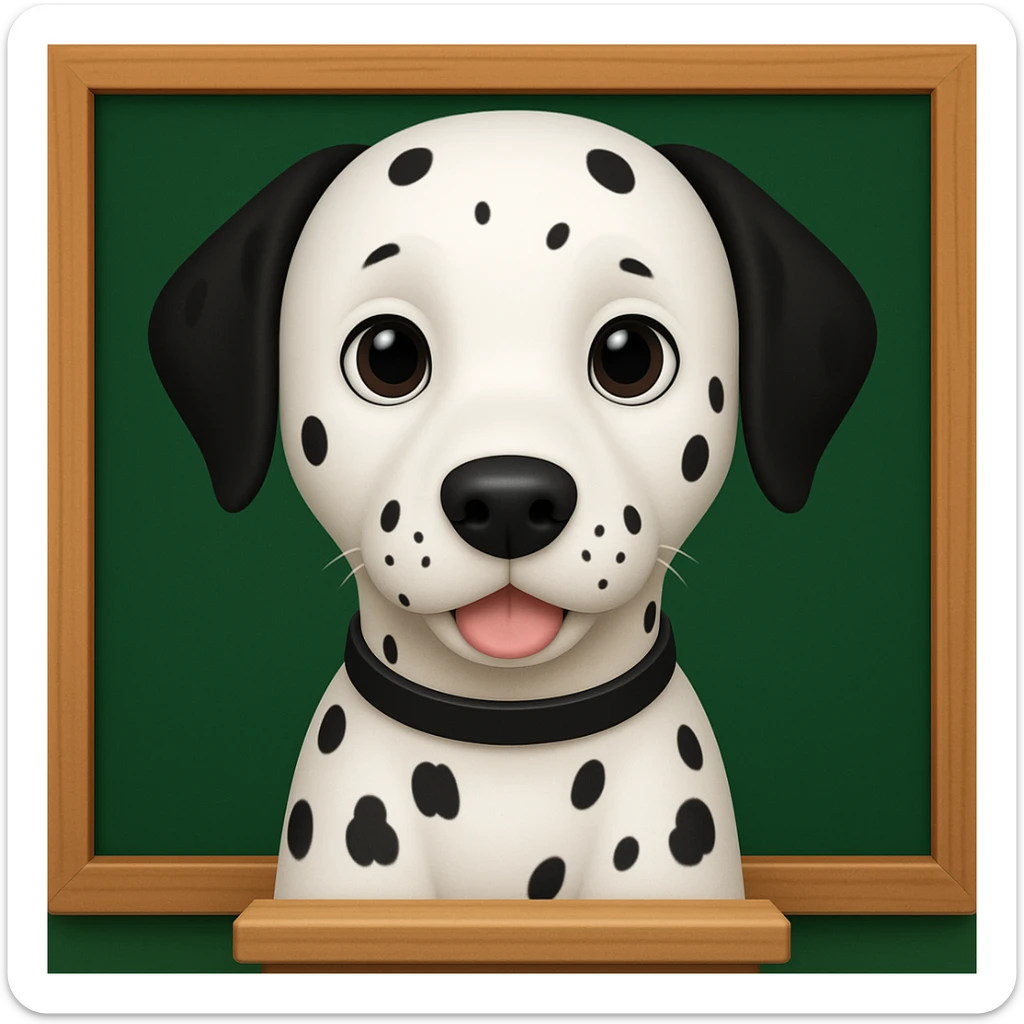 Dalmatian in front of a green school board in a wooden frame, iphone emoji style sticker