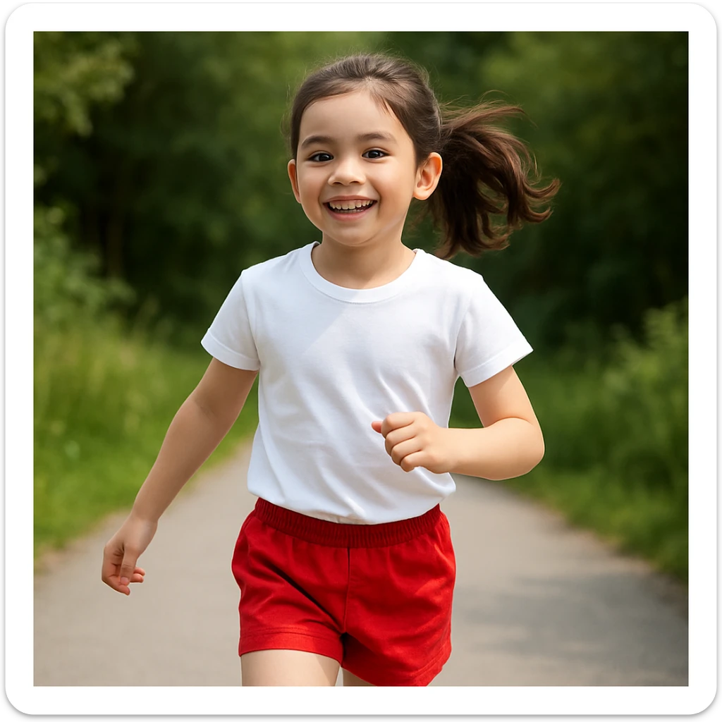 Make the girl's outfit red shorts and a white short-sleeved t-shirt sticker