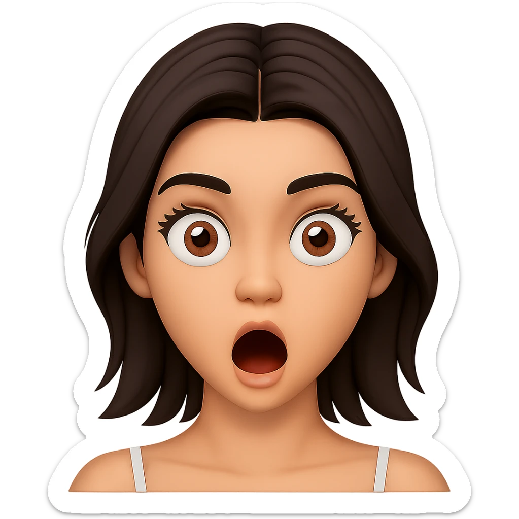 Edit the female face with short dark hair, center part, brown eyes in Apple emoji style with a 3D look and soft shading. Create a surprised expression. Transparent background. sticker