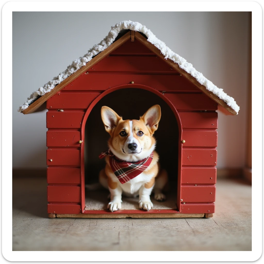 realistic red dog house with a Corgi dog inside, Corgi with a scarf, photorealistic style sticker