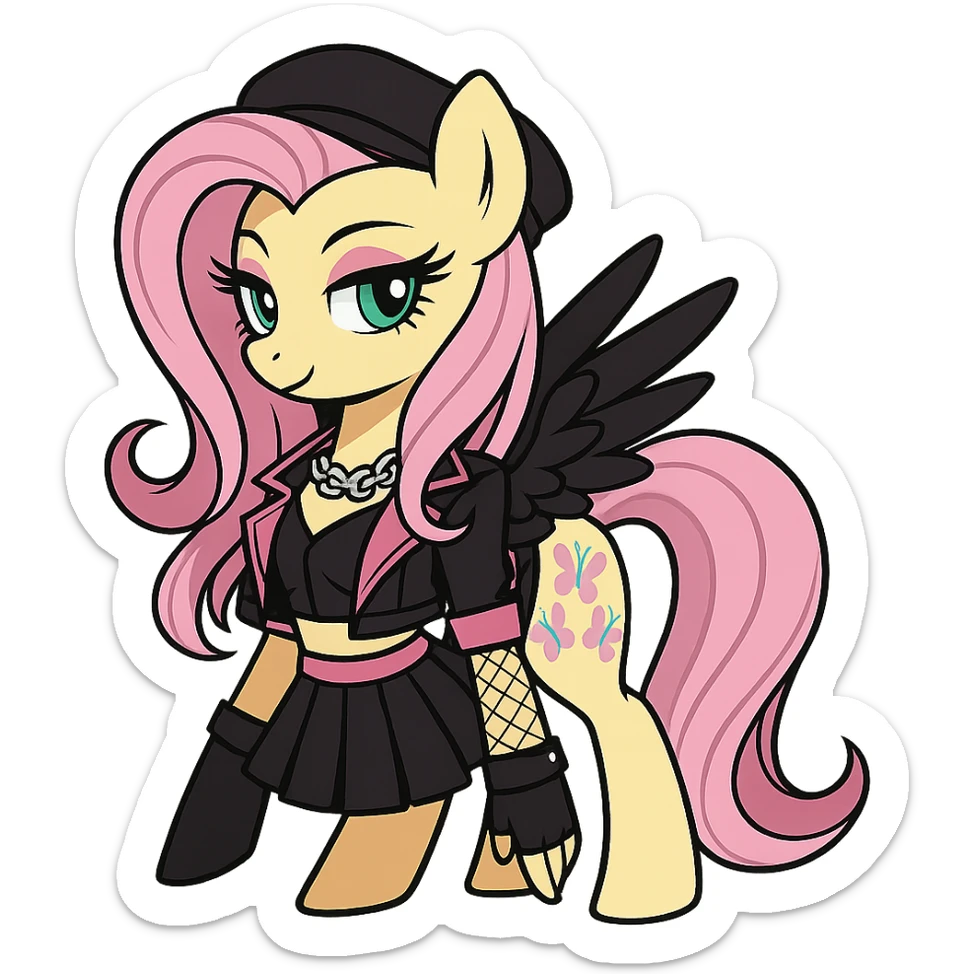 Fluttershy in a Blackpink-inspired style, with pink and black accents, transparent background sticker