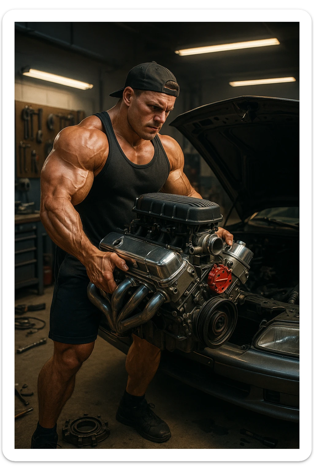 a muscular bodybuilder in gym attire stands next to a car with the hood open, lifting a large, shiny, high-performance engine with ease. His expression is focused and determined as he installs the new engine. The background is a modern garage, with tools and car parts scattered around, emphasizing strength and mechanical skill. sticker