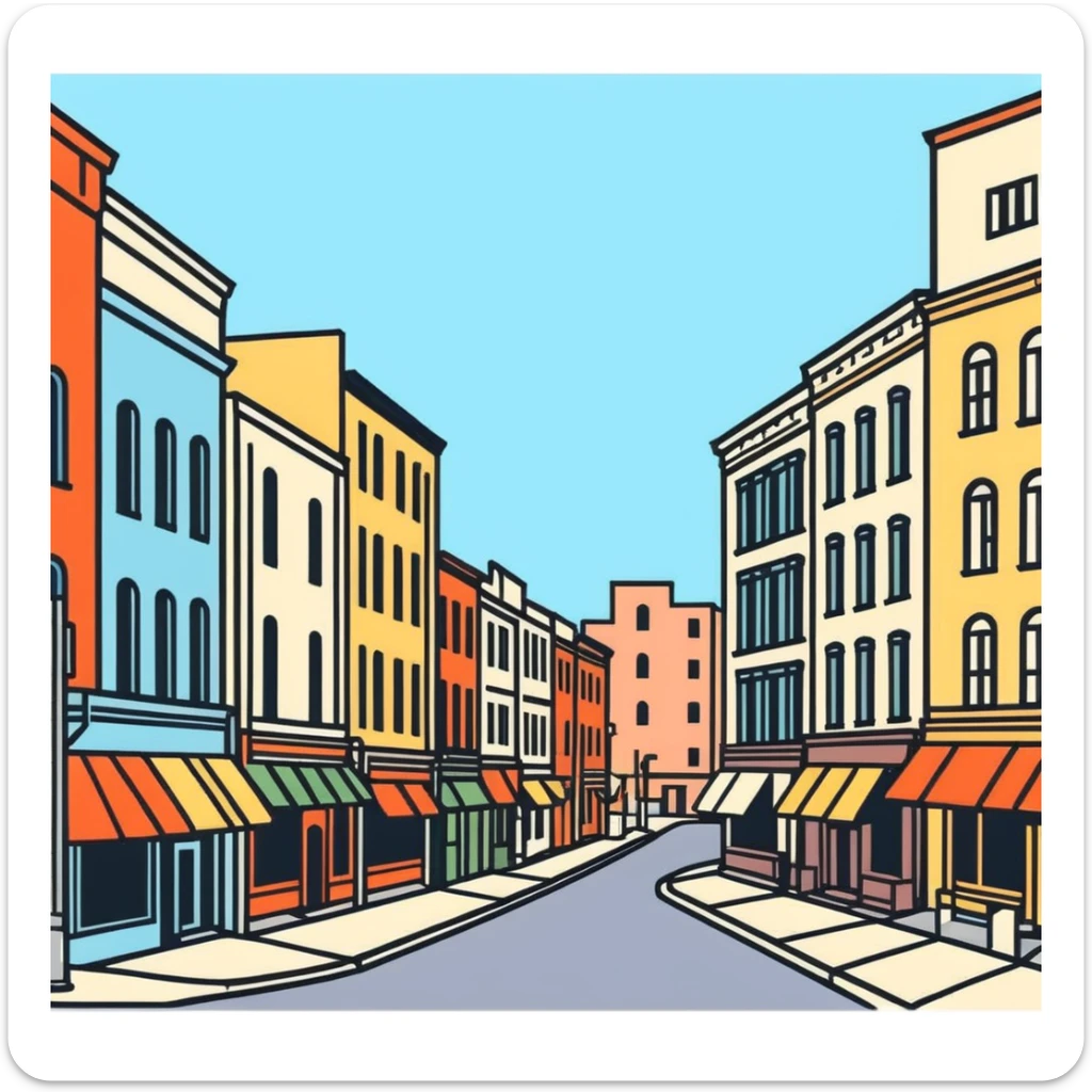 retro 1930s city street scene with anthropomorphised animals in t-shirts and shorts walking, black and white sticker