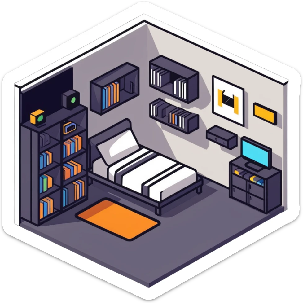 isometric view of teen bedroom layout with gaming setup, bed, and bookshelf sticker