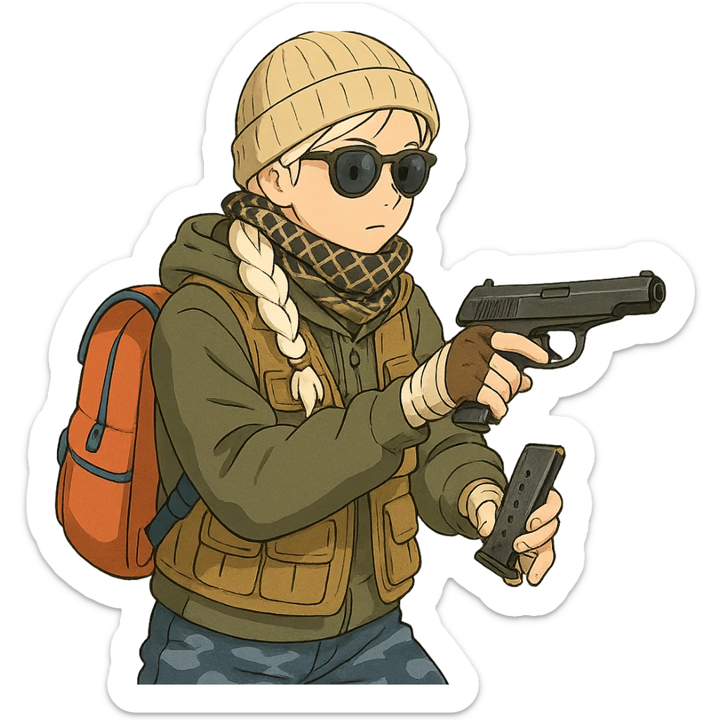 1 female, long white braid, knit cap, dark sunglasses, shemegh neckwrap, fishing vest, vibrant shool backpack, drab hoodie, handwraps, blue camo pants, executing a tactical reload of a makarov pistola sticker