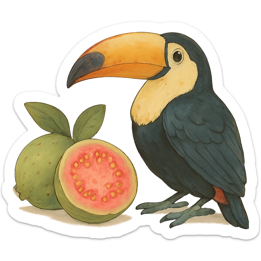 ghibli style toucan and guava sticker