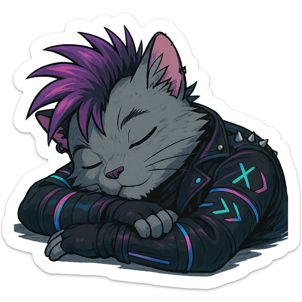  a anthro cat laying down his head to nap, punk gothic style, futuristic cyberwave cyberpunk, resting his head on his arms, head tilted sideways, light gray cata sticker