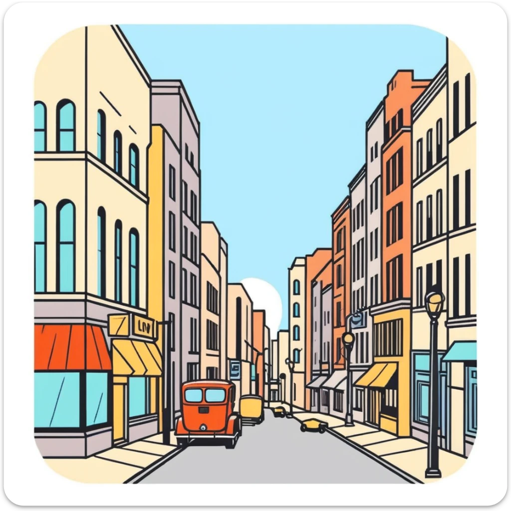 retro 1930s city street scene with anthropomorphised animals in t-shirts and shorts walking, black and white sticker