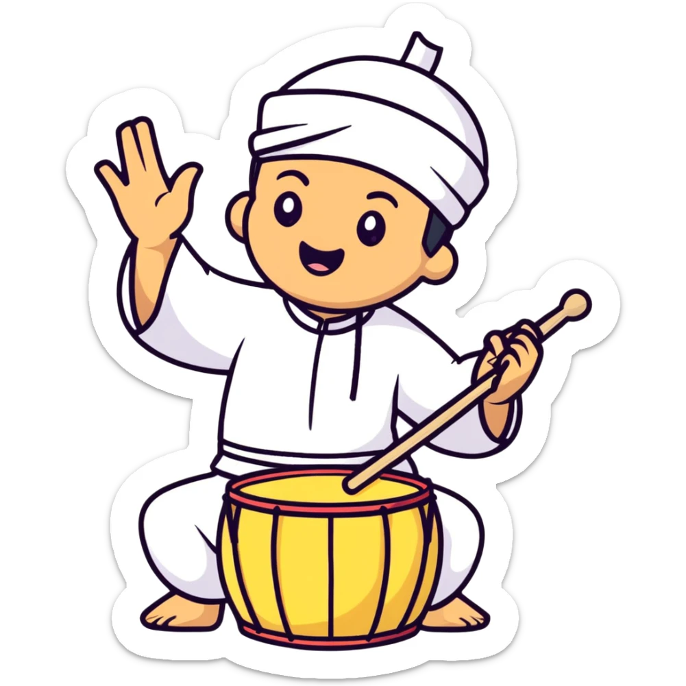 person beating a drum and chanting 'tung tung tung sahur' in a festive Ramadan night setting sticker