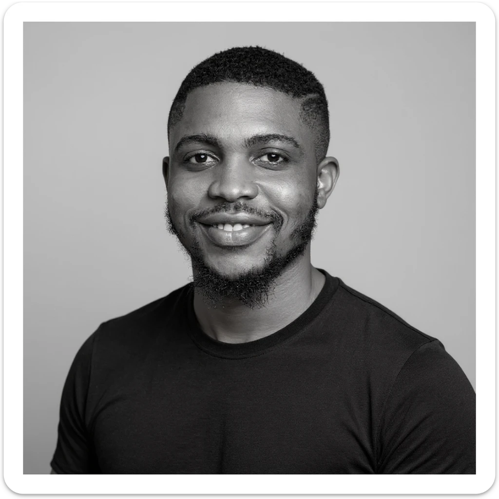A professional portrait of me in monochrome. Plain black crew neck shirt. Tailored to LinkedIn. Tech boy vibe (programmer). I’m a black man from Nigeria. Retain facial features from attached image. Make face smoothie and healthy. No accessories. Light gray background to make subject more visible. sticker