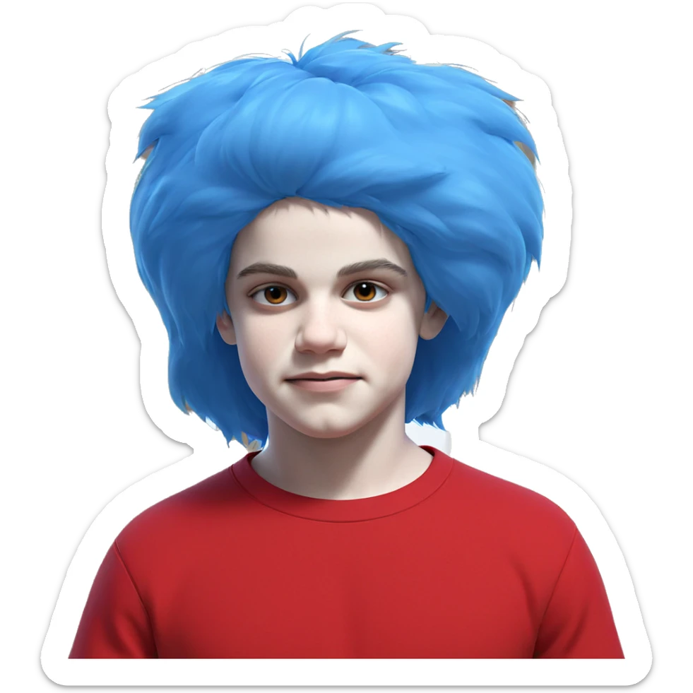blue haired boy in red sticker