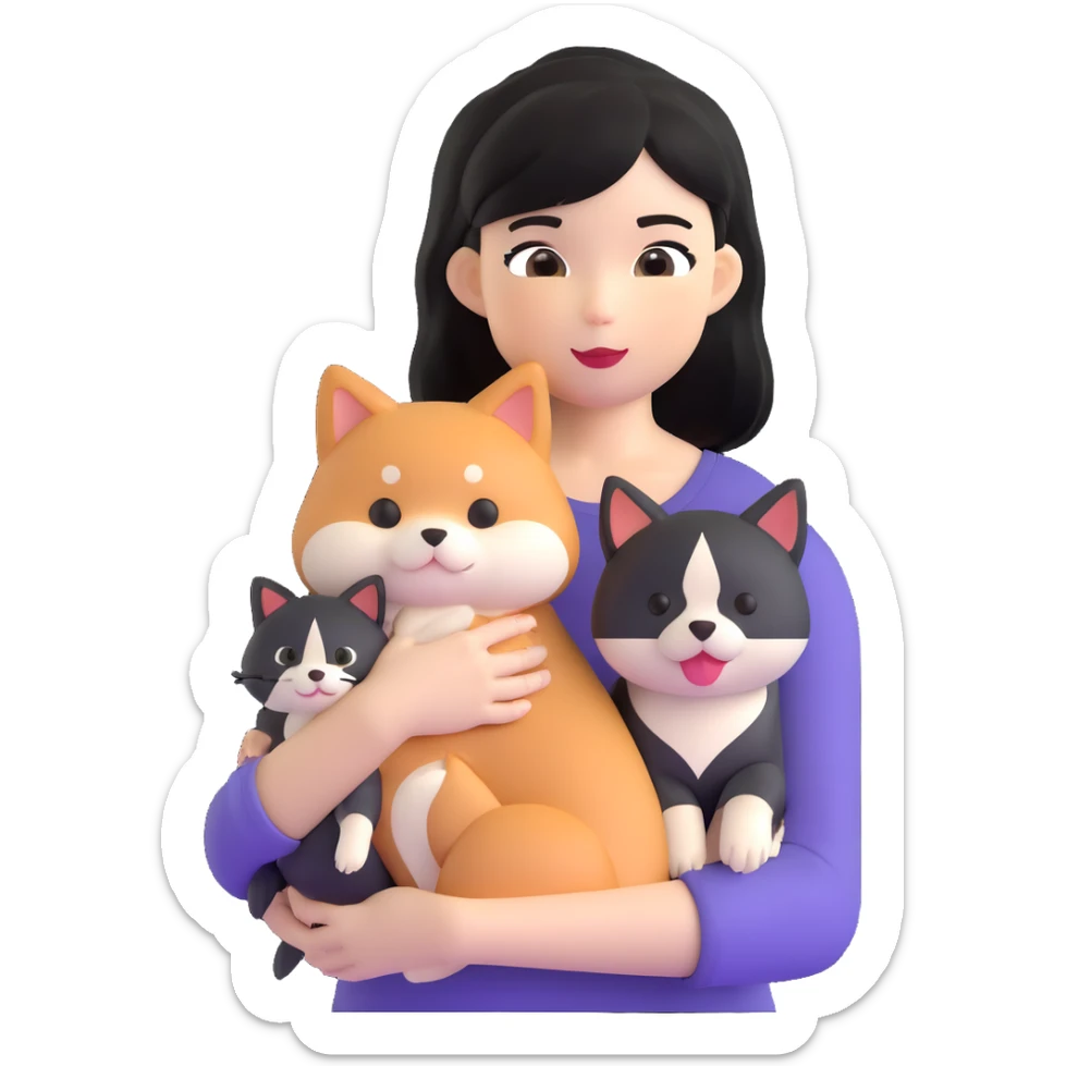 girl with black shoulder-length hair wearing a black tight-fitting top with a calico cat with white mouth and a shiba inu dog sticker