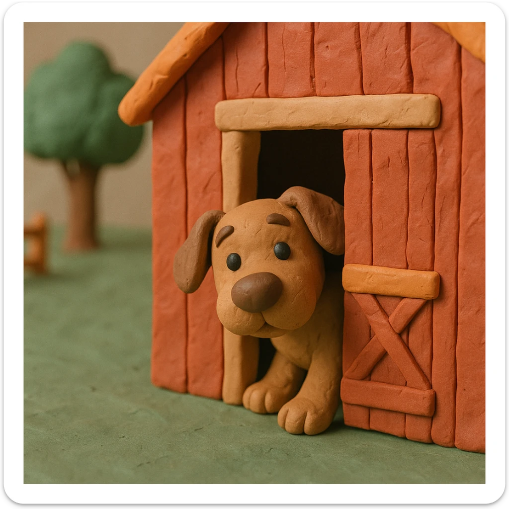 dog peeking out of a barn door, playful and cute, hand-molded details, claymation style sticker