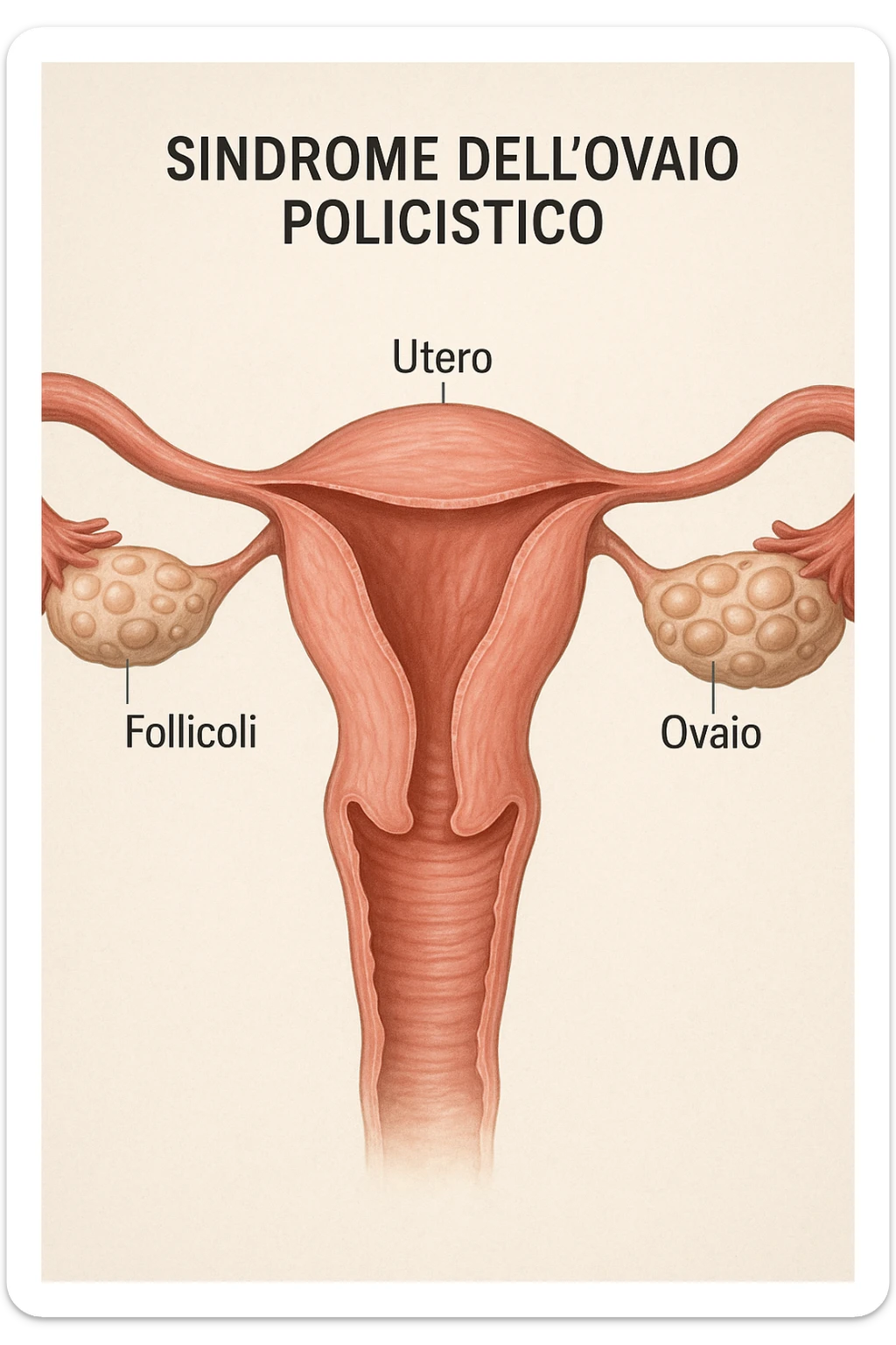 realistic 3D medical illustration of PCOS in anatomical section, showing polycystic ovaries with multiple follicles, uterus and ovaries highlighted, clinical details, natural colors, Italian captions, aspect ratio 2:3 sticker